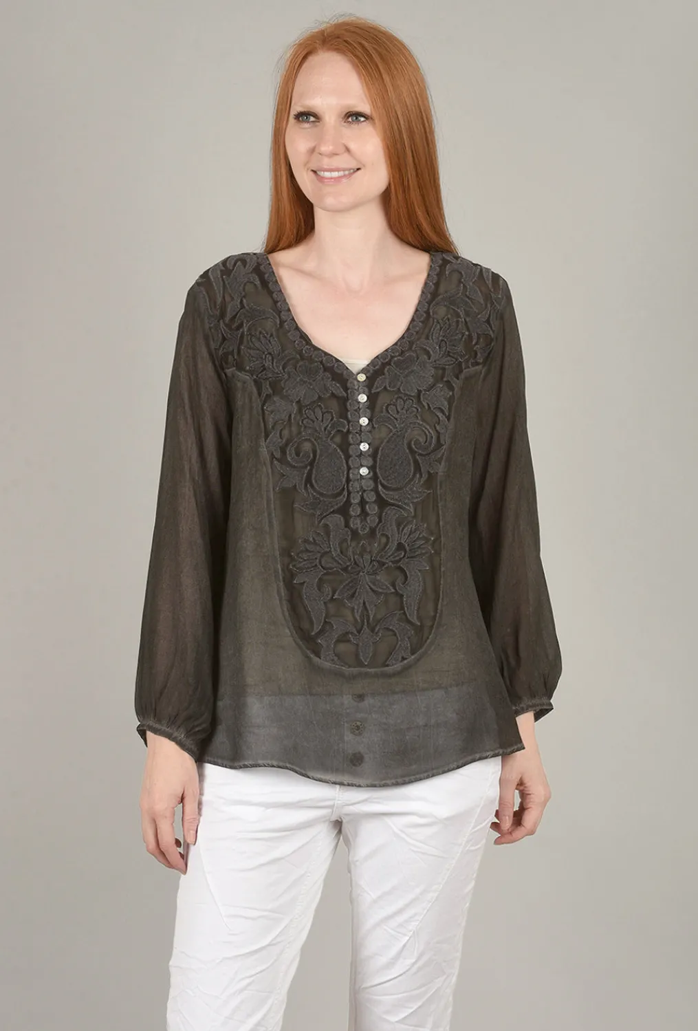 Flash Sale Evie Lou Sweetheart Scroll Blouse, Charcoal