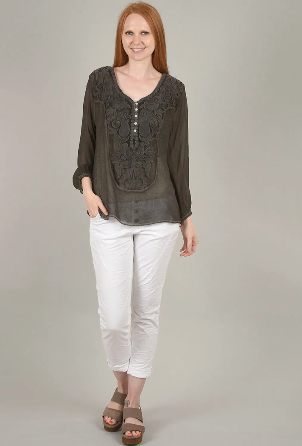 Flash Sale Evie Lou Sweetheart Scroll Blouse, Charcoal