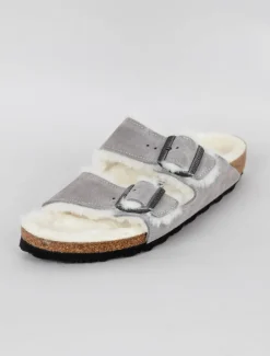 Clearance Evie Lou Arizona Shearling Sandal, Stone Suede