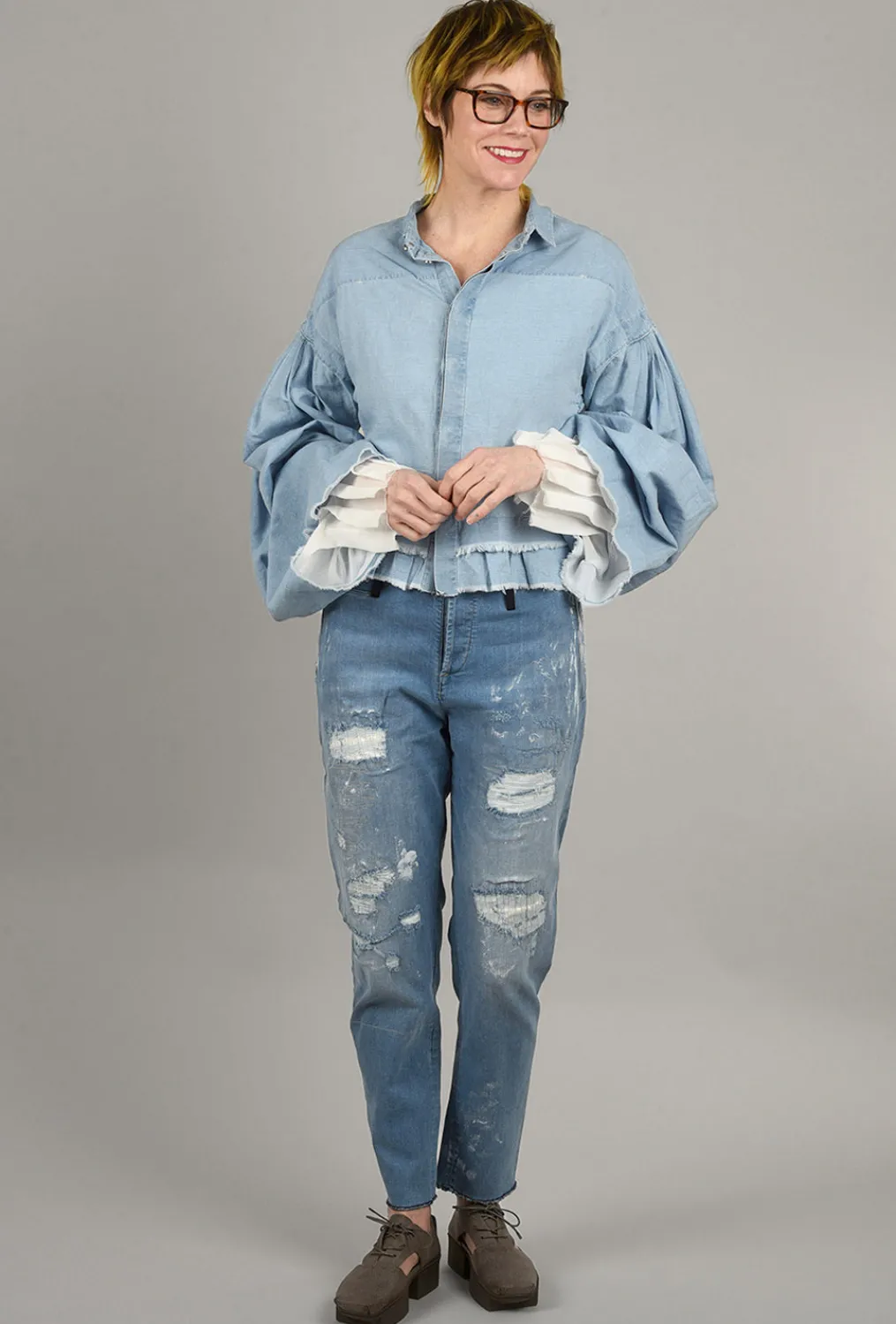 Hot Evie Lou Artful Extended-Sleeve Shirt, Light Blue