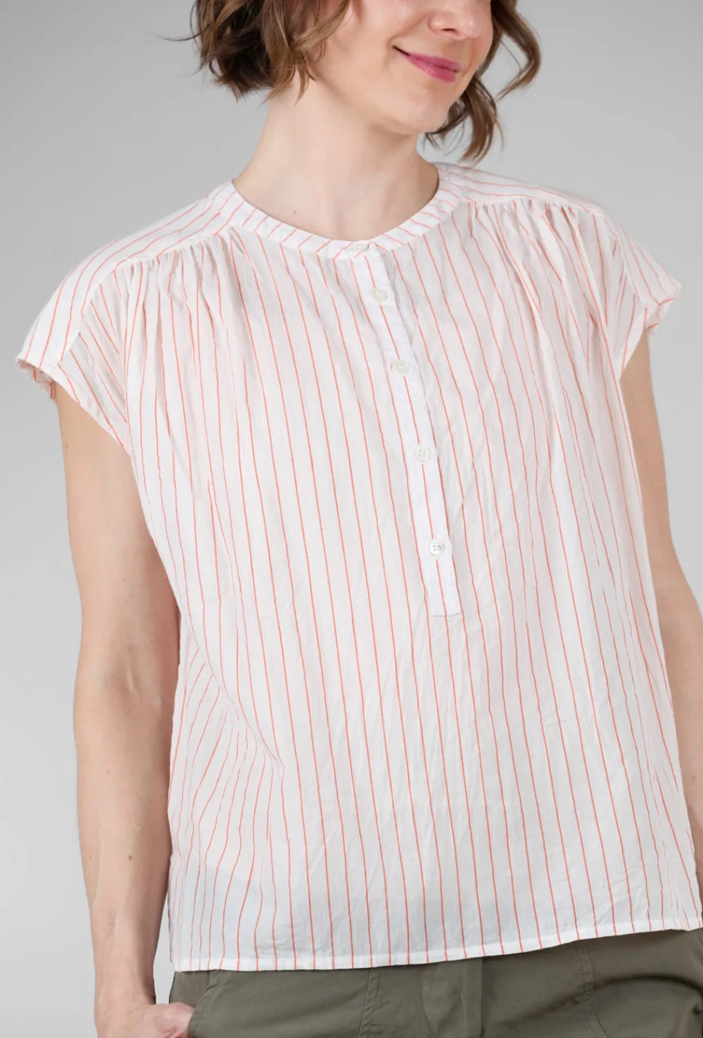 Shop Evie Lou Cap-Sleeve Stripe Shirred Top, White/Tangerine