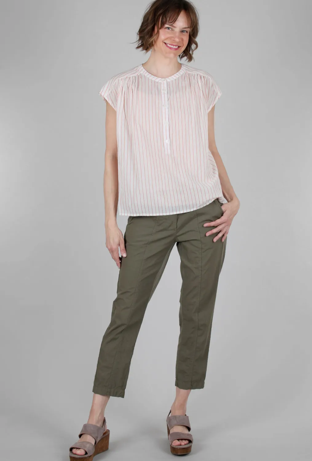 Shop Evie Lou Cap-Sleeve Stripe Shirred Top, White/Tangerine