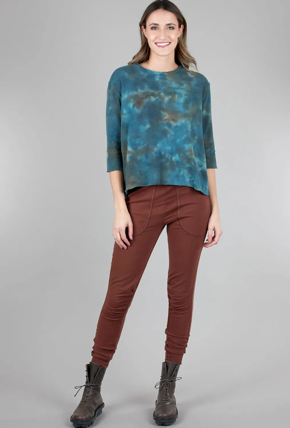 New Evie Lou Elbow Softy Smoosh Dye Pullover, Turq/Khaki