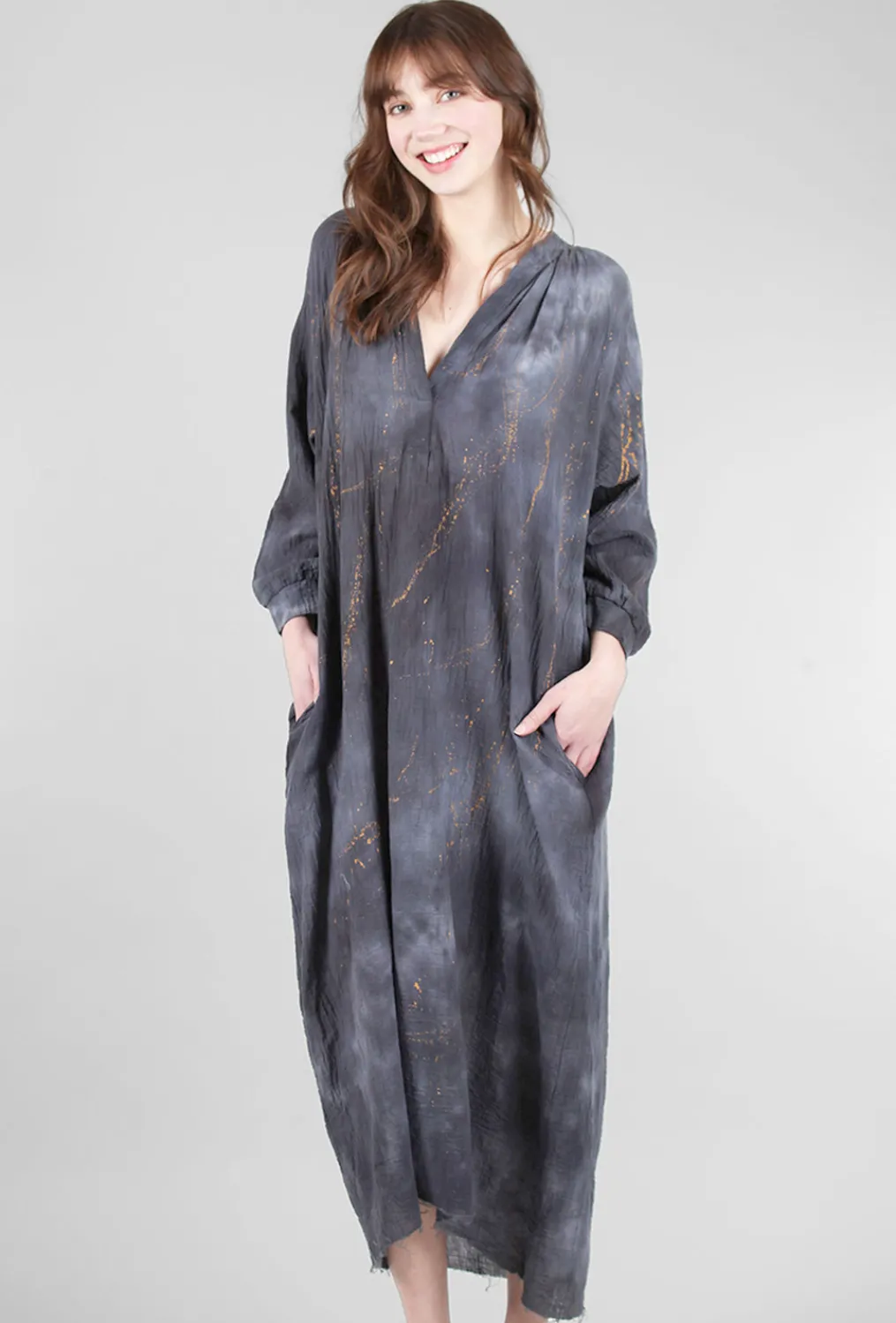 Fashion Evie Lou Gauze Peasant Maxi Dress, Blue/Gold Splatter