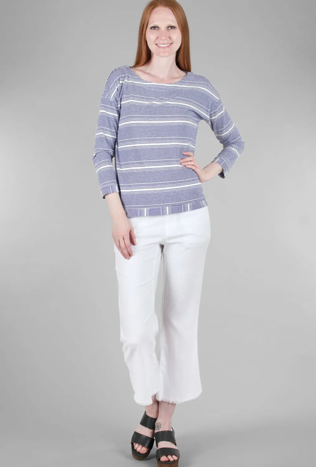 Best Sale Evie Lou Linen Knit Stripe Boatneck Tee, Royal