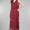 Store Evie Lou Long Tattered Tiers Dress, Wine