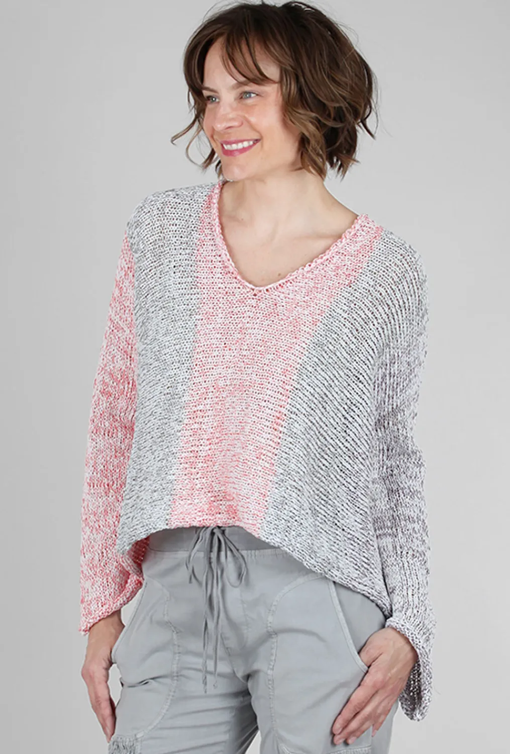 Cheap Evie Lou Mixed Knits Vee Pullover, Gray/Red/Limon Mix