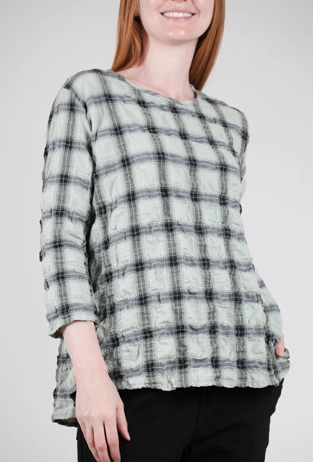 Outlet Evie Lou Pucker Plaid A-Line Top, Salvia