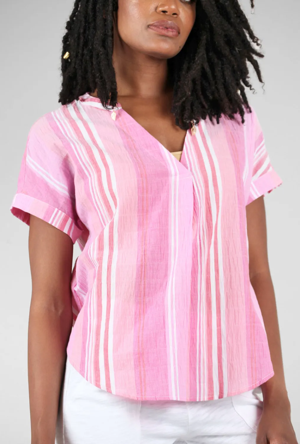 Store Evie Lou Resort Stripe Easy Shirt, Guava