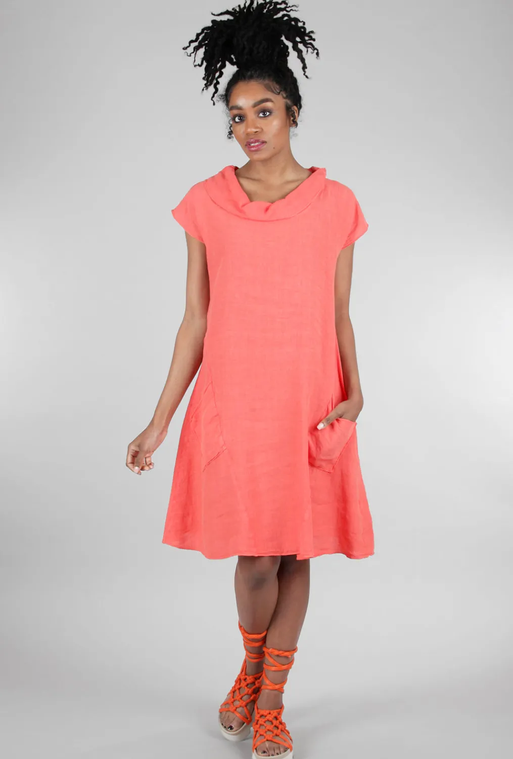 Hot Evie Lou Roll-Neck Linen Dress, Popsicle Orange
