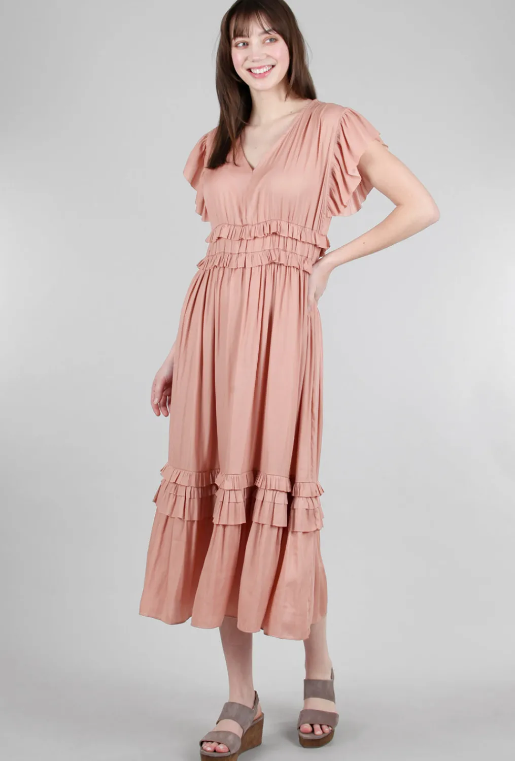 Online Evie Lou Ruffled Sateen V-Neck Dress, Blossom Pink