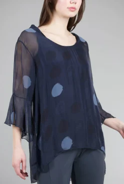 New Evie Lou Silky Dot Cocoon Top, Navy