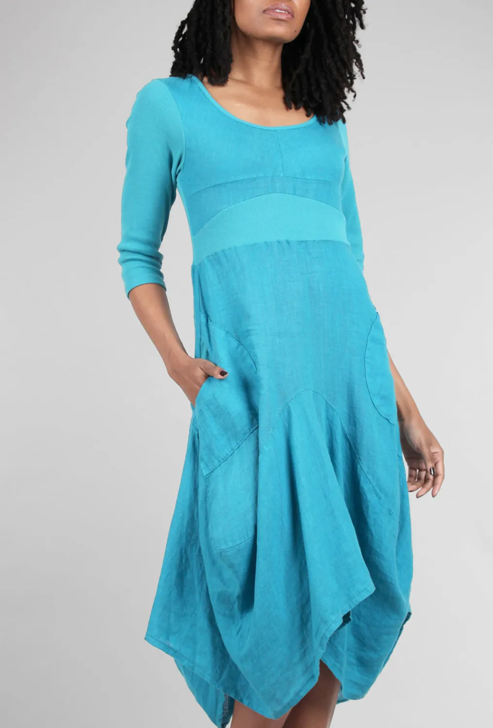 New Evie Lou 3/4-Sleeve Rib Inset Dress, Caribbean Blue