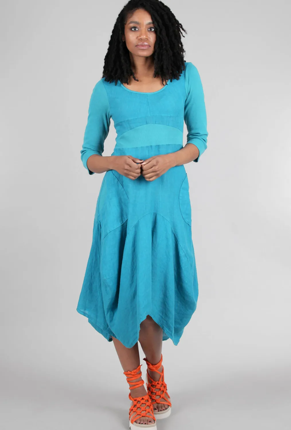 New Evie Lou 3/4-Sleeve Rib Inset Dress, Caribbean Blue