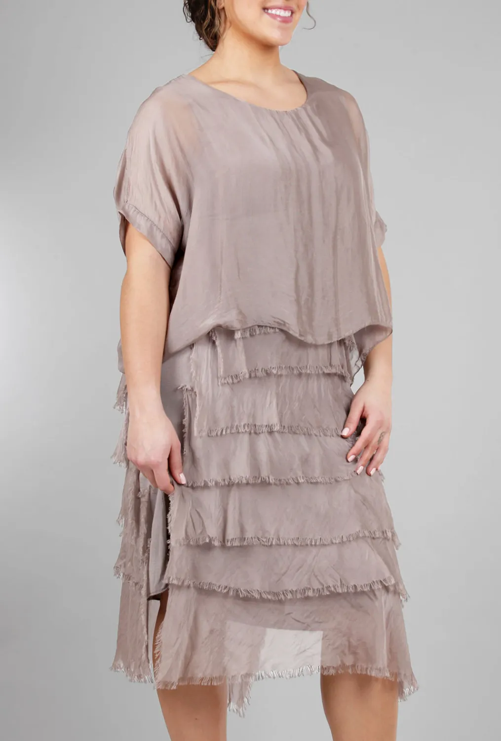Store Evie Lou Sleeved Tattered-Tiers Dress, Taupe
