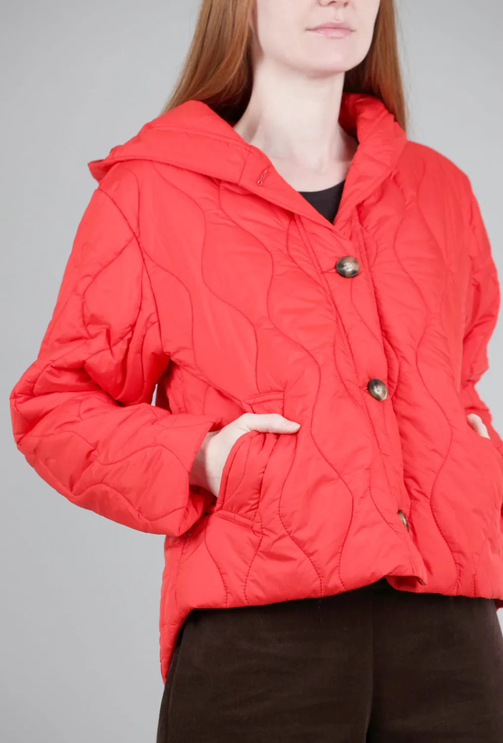 Cheap Evie Lou Snap-Front Hooded Puffer, Lava Orange
