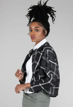 Fashion Evie Lou Texture Plaid Crop Jacket, Black